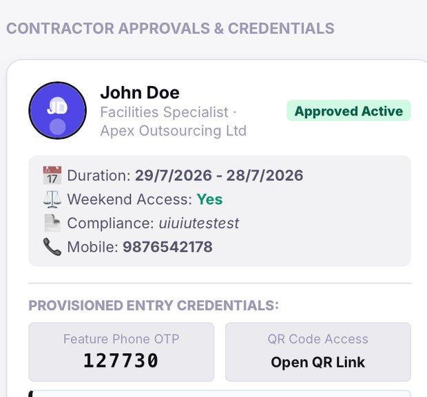 Contractor credentials showing a feature phone OTP and a QR access link